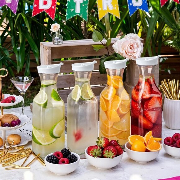 [50oz/4 Pack] Plastic Drink Carafes w/ Lid, Large Capacity Square Base - Clear - Picture 1 of 7